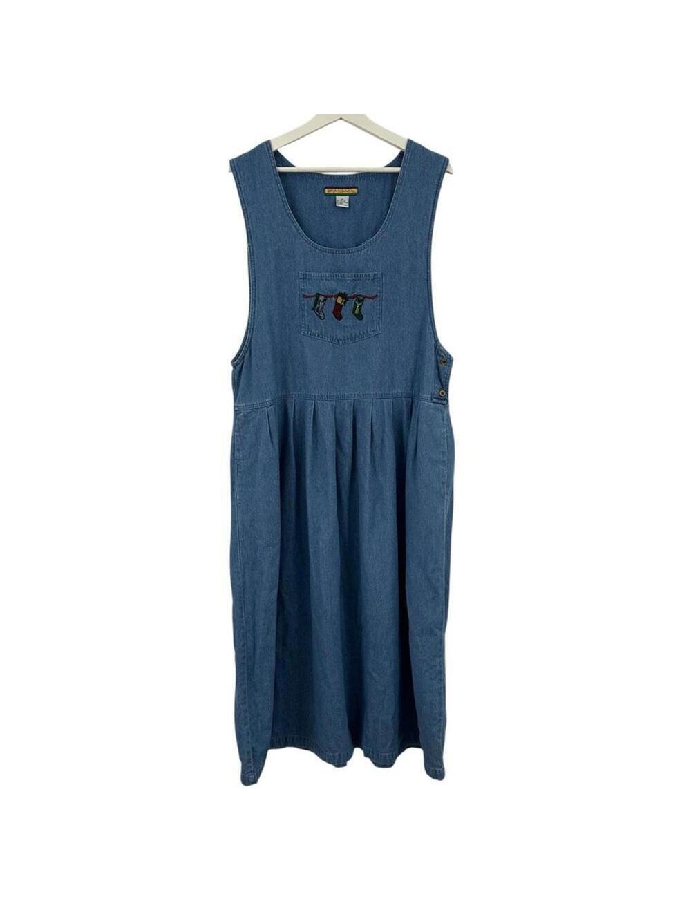Vintage Bryn Connelly Christmas Holiday Stocking Sleeveless Denim Dress Size 16